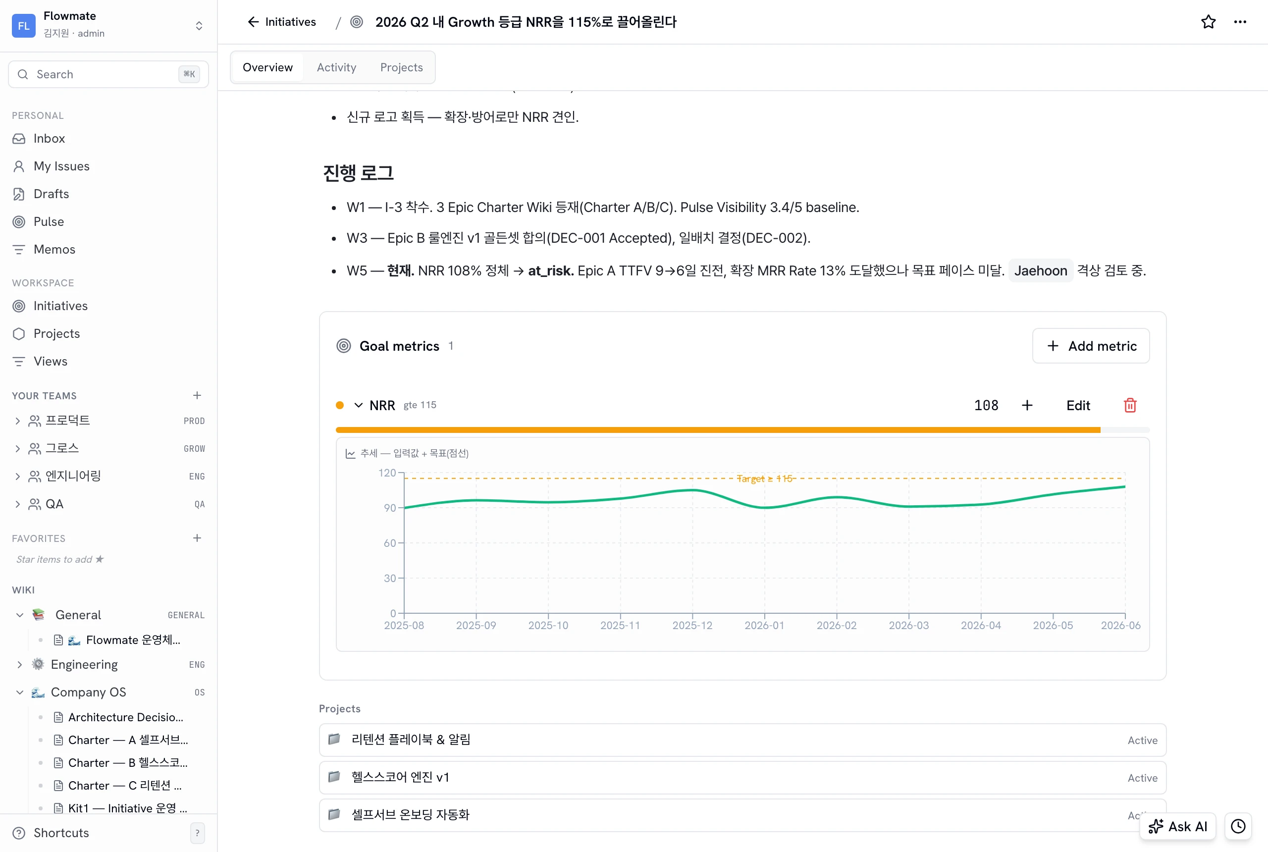 GoalTrack Initiative 상세. '2026 Q2 NRR 115%' Initiative에 Goal metric(NRR 목표 115%, 현재 108%)이 연결되어 진행 바와 추세 그래프로 표시되고, 하단에 연결된 Project들이 보인다.